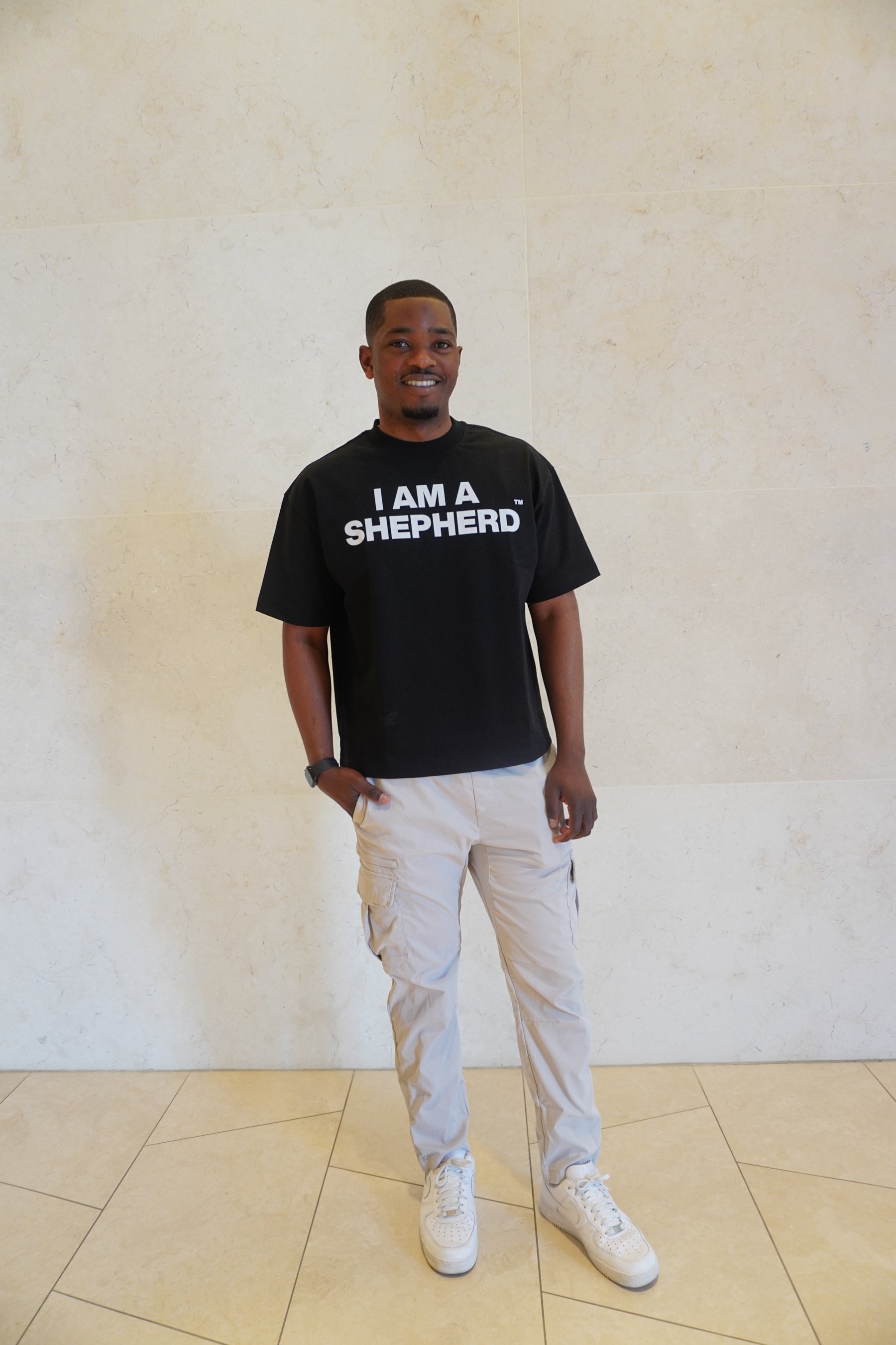 "I AM A SHEPHERD™" Tee — Black/White (Boxy Oversized T-Shirt)