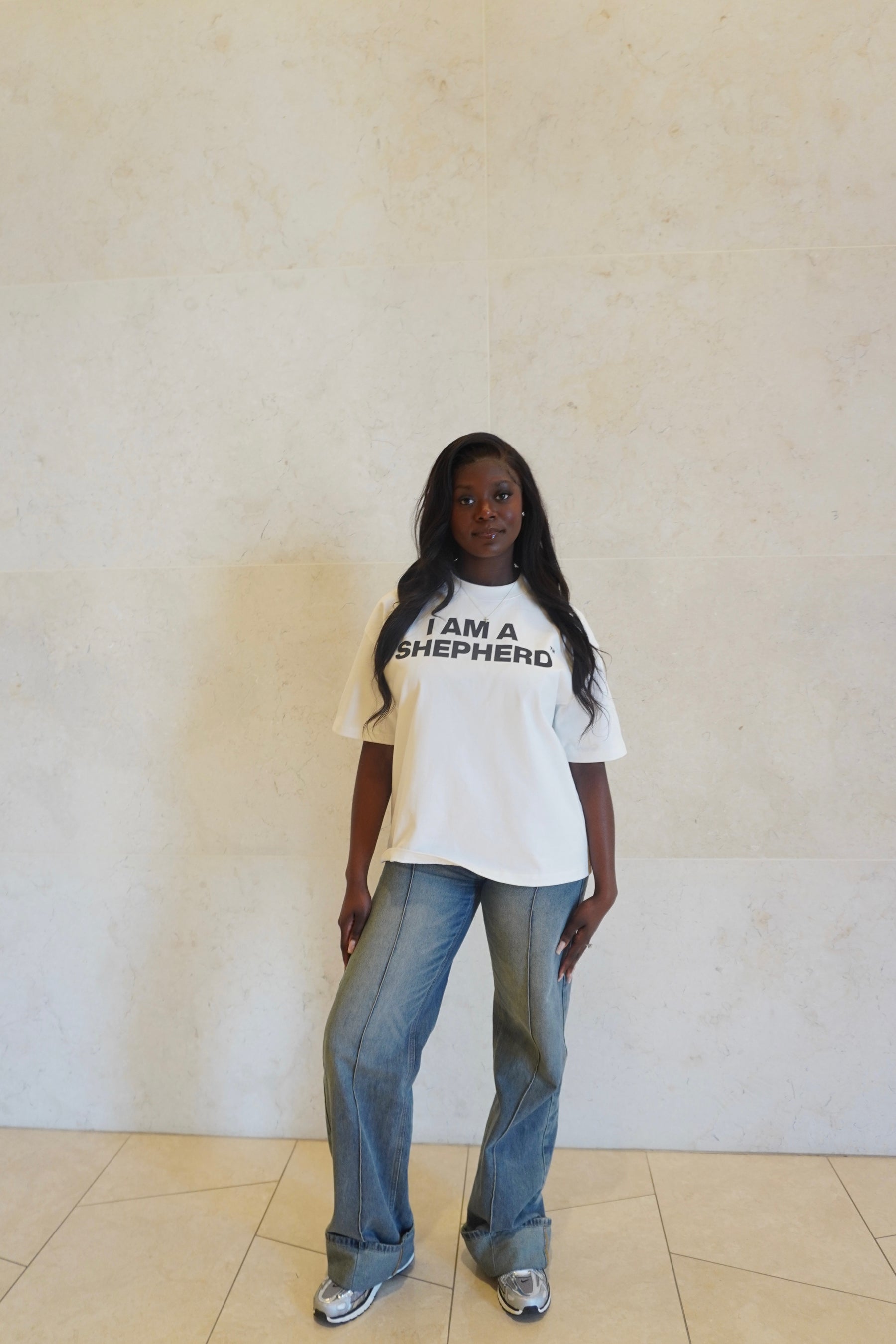 "I AM A SHEPHERD™" Tee — White/Black (Boxy Oversized T-Shirt)