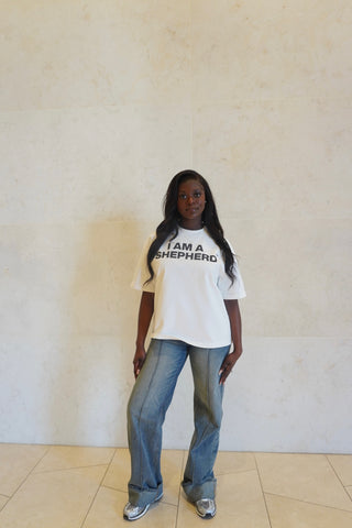 "I AM A SHEPHERD™" Tee — White/Black (Boxy Oversized T-Shirt)