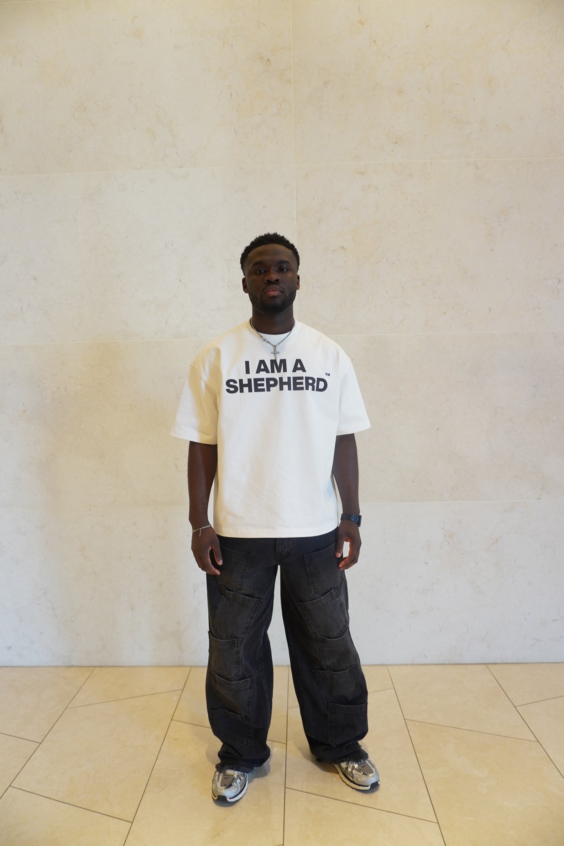 "I AM A SHEPHERD™" Tee — White/Black (Boxy Oversized T-Shirt)
