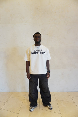 "I AM A SHEPHERD™" Tee — White/Black (Boxy Oversized T-Shirt)